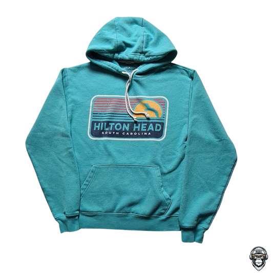 Hilton Head Hoodie Türkis South Carolina Unwind by League S – Frontansicht mit Sunset-Print