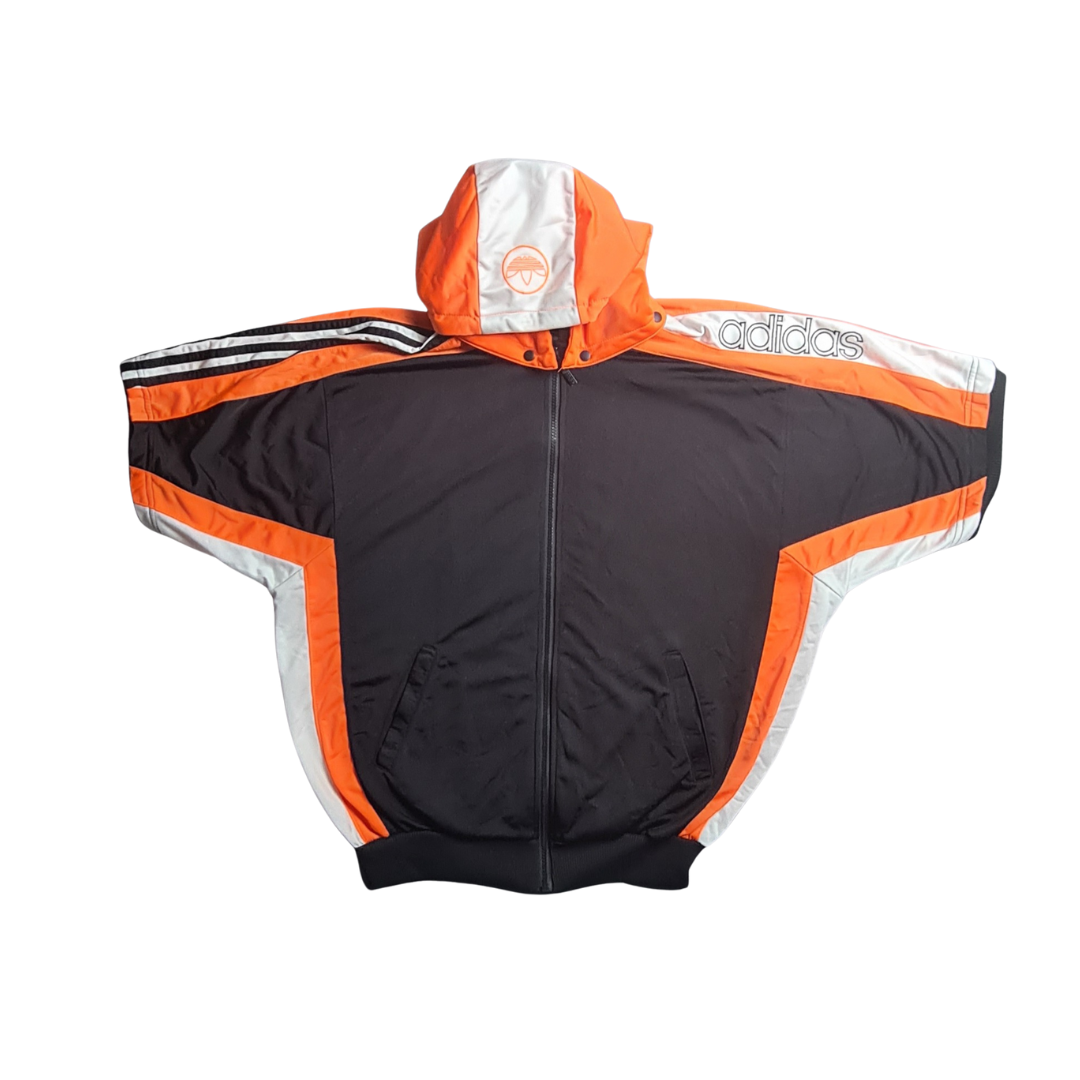 Vintage Adidas Halbarm-Trainingsjacke in Schwarz/Orange – mit Kapuze & Colorblock-Design (L)
