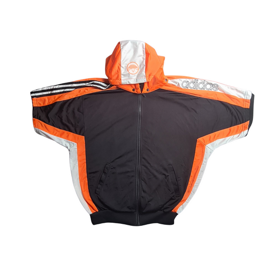 Vintage Adidas Halbarm-Trainingsjacke in Schwarz/Orange – mit Kapuze & Colorblock-Design (L)