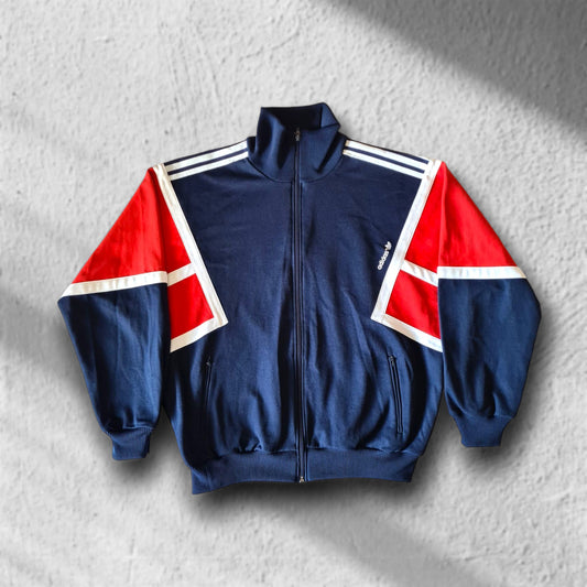 Gesamtansicht Adidas Vintage Trainingsjacke aus den 80ern in Navy/Rot/Weiß mit Trefoil-Logo