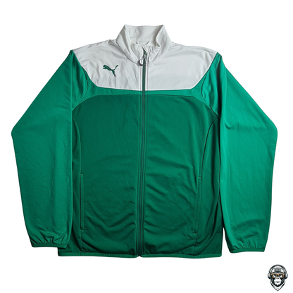 Grün-weiße Puma Track Jacket mit Logo auf der Brust, Größe L, Retro 2000s-Design, leichte Ziehstellen am Ärmel.
