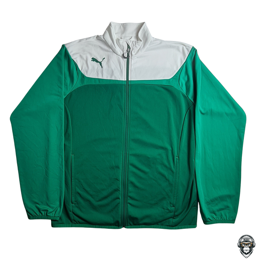 Grün-weiße Puma Track Jacket mit Logo auf der Brust, Größe L, Retro 2000s-Design, leichte Ziehstellen am Ärmel.