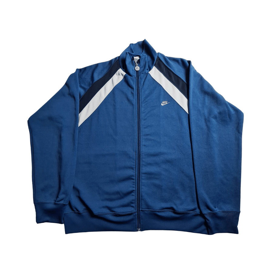 Vorderseite einer blau7weissen trainingsjacke von nike mit Logo
