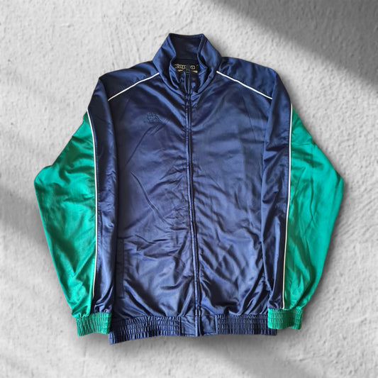 Kappa Trainingsjacke Vorderseite – Navy mit grünen Ärmeln, Retro-Design in Größe XL