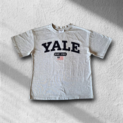 Vorderseite eines grauen YALE T-Shirts mit EST. 1701 Print und US-Flagge, Größe L – Retro College Style