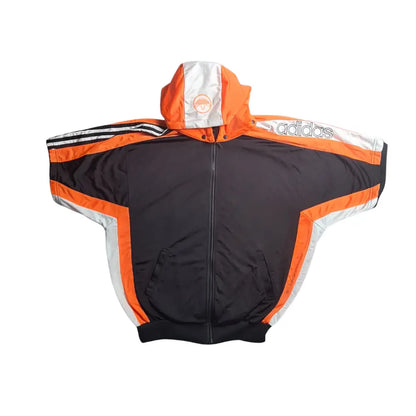 Vintage Adidas Halbarm-Trainingsjacke in Schwarz/Orange – mit Kapuze & Colorblock-Design (L)