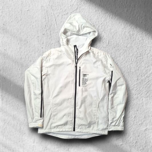 Weißer adidas Windbreaker mit schwarzem Zipper und Print auf der Brust – Retro Jacke in Größe M