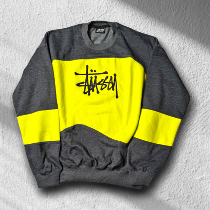 Vintage Stüssy Rework Sweatshirt Gr. XL – Neon Yellow x Anthrazit | Bold Streetwear Unikat