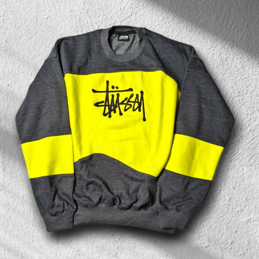 Stüssy Rework Sweatshirt Gr. XL – Neon Yellow x Anthrazit | Bold Streetwear Unikat