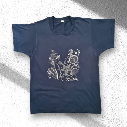 80s/90s Vintage Single Stitch T-Shirt Florida Ocean Print | Navy Blau | Größe M