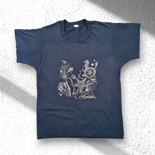 80s/90s Vintage Single Stitch T-Shirt Florida Ocean Print | Navy Blau | Größe M